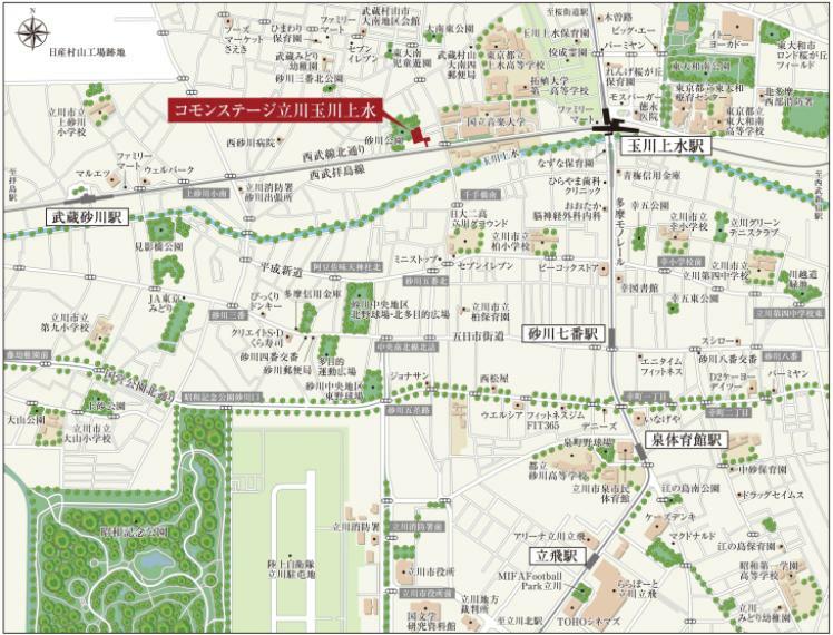 区画図 広域図2沿線が利用でき、通勤・通学に便利な立地。駅までは自転車利用もしやすいフラットな道のりが続きます。駅周辺に買物・医療施設が点在し、快適な暮らしをサポートします。