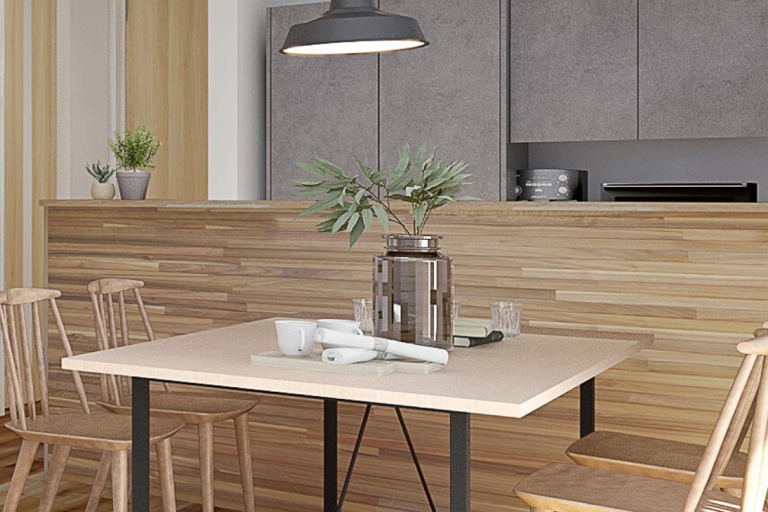 キッチン 【銘木無垢壁「レリーフ」】  美しい銘木無垢壁レリーフをキッチンの腰壁にデザインしました。テーブルと椅子を置いてカフェ空間にもなる、心地よい空間です。※号棟により採用状況が異なります。