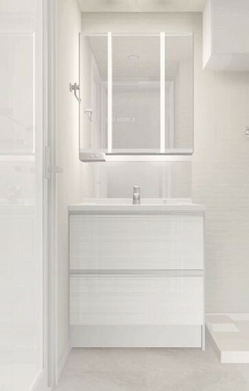 洗面化粧台 清潔感のある白を基調にしたシャワー付洗面台。※完成予定イメージパースです。