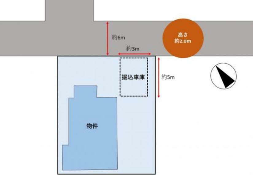 区画図 【区画図】道路と敷地の関係図になります。堀車庫のサイズは横約2.7m、奥行約5.5m、高さ約2.0mです。