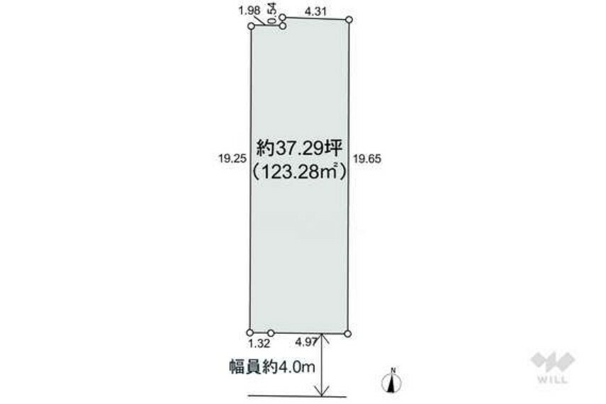 土地図面 現況更地です。前面道路幅員は約4.0mです。広々とした約37坪の整形地です。