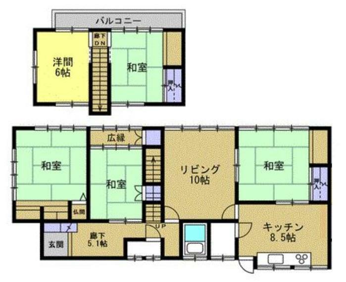 間取り図 【現況】1階:リビング・キッチン・6畳和室・8畳和室2部屋、2階:6畳和室・6帖洋室の5LDKのおうちです