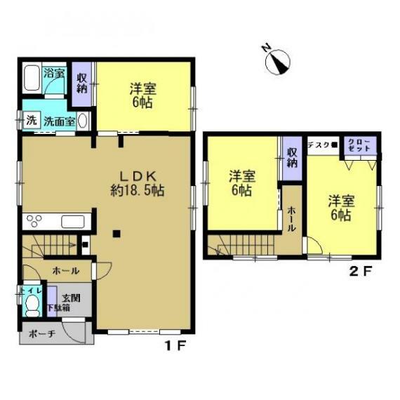 間取り図 【間取図】3LDKの2階建てです。1階に約18.5帖LDKと洋室1部屋、2階に洋室2部屋です。1階の和室をリビングに取り込んだため、広々とした開放的なリビングになりました。水回りを含む全室リフォーム済みです。