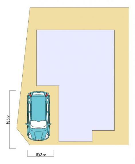 【区画図】車庫を解体し普通車1台駐車可能にしました。間口も拡張したので停めやすくなっています