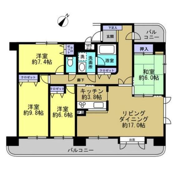 【間取図】洋室3部屋、和室1部屋の4LDK。所在階12階の為、眺望良好。壁芯100平米越えのゆとりある住宅です。