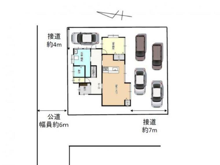 【敷地配置図】駐車場スペースはお車は南側縦列4台＋北側1台、計5台停めることが可能です。