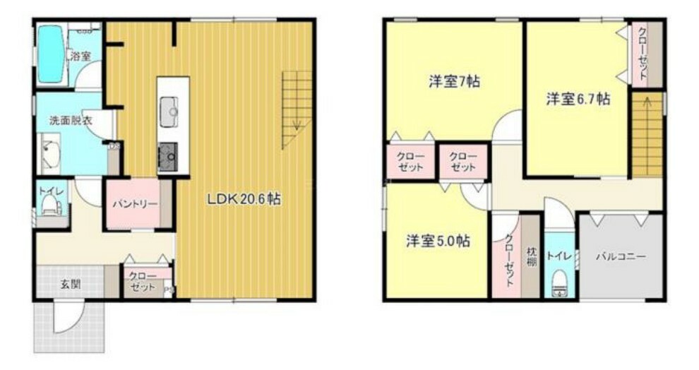 間取り図 回遊型で家事動線の良い1階と収納豊富なプライベート空間の2階がある間取りです