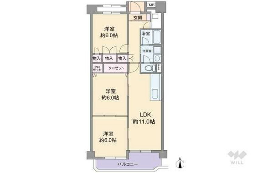 全居室が洋室仕様で、6帖以上の広さがあるプラン。LDKと隣接する洋室2部屋は、引き戸を開放して大きな1部屋としても使えます。