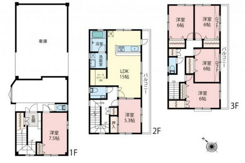間取図/6LDK、LDK約15帖＋リモートワークスペース（約2帖）、1階・3階の居室はゆとりある6帖以上広さを確保しています。
