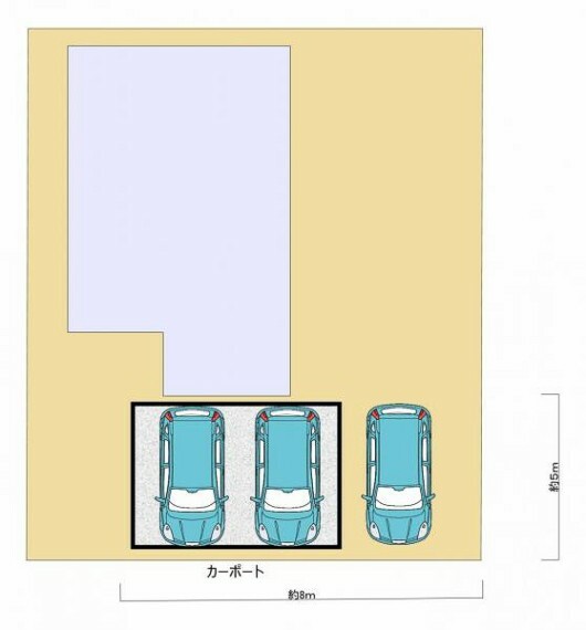 区画図 【区画図】並列2台中車可能なカーポートと、普通車1台が停められるカースペースがあります。並列で3台駐車可能なので、ご家族皆様のお車を置いておくことができます