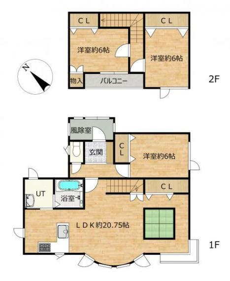 【間取り図】1階2部屋、2階2部屋の3LDK住宅です。各部屋クローゼット付で2階南向きのバルコニーもあります。