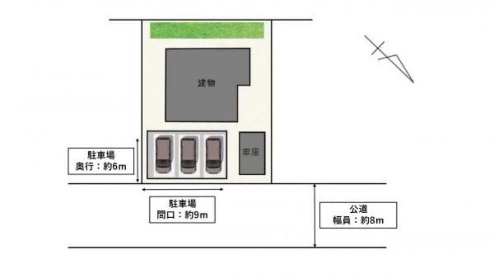 区画図 【敷地図】駐車スペース3台分、車庫1台分を確保致しました。並列4台駐車できますのでお友達が遊びに来ててあんしんですね。