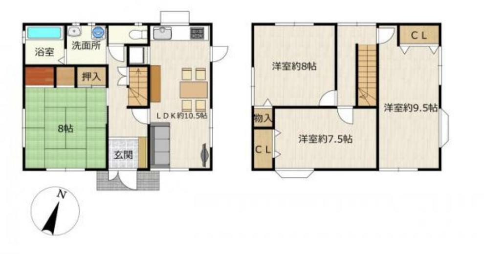 間取り図 【間取図】間取りは4LDKの二階建てです。全室7帖以上で十分な部屋数がありますので、ご家族でも住みやすい住宅です。
