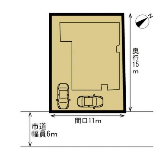 区画図 【区画図】駐車はL字で2台に拡張いたします。南道路の日当たりの良いお家です。横付けと縦列1台ずつですので止められて出入りも干渉しないので便利ですね。