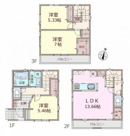 間取り図 建物面積:85.09平米　全居室2面採光の3LDK
