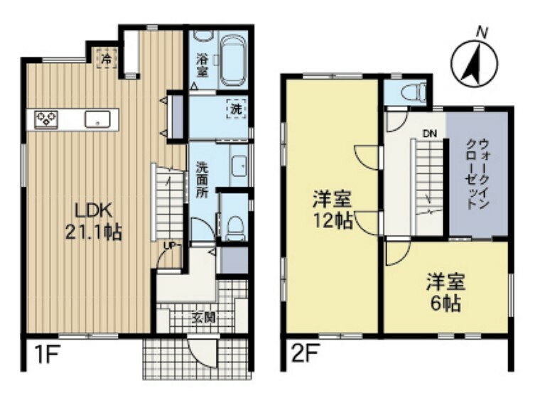 間取り図 2LDK＋WICですが、2階の12帖の部屋は6帖×2部屋にも変更可能。