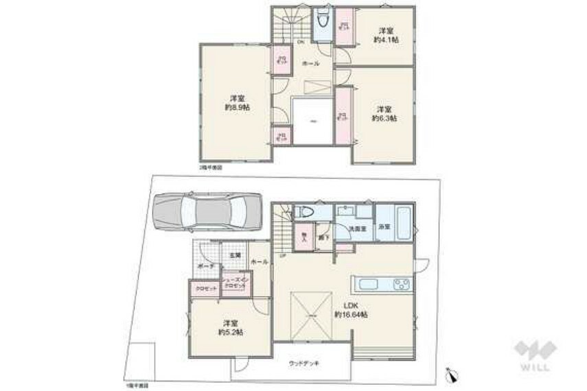 間取り図です。LDK約24.0帖・全居室6.0帖以上・全居室収納付きで大変ゆとりがあり、吹抜けやウッドデッキなどこだわりの詰まったお住まいです。