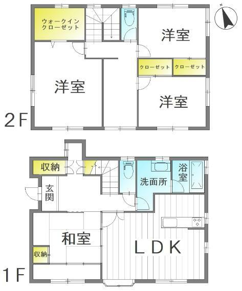 【南側2階建て間取り図】<BR/>4LDK。ウォークインクローゼットつきです！平屋と通路で行き来できます！