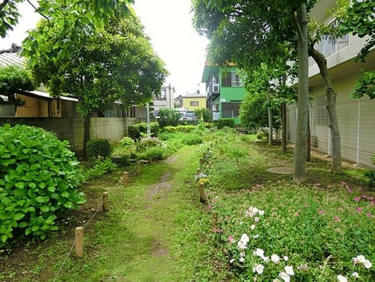 公園 小さな花壇と芝生の小道がある児童遊園です。
