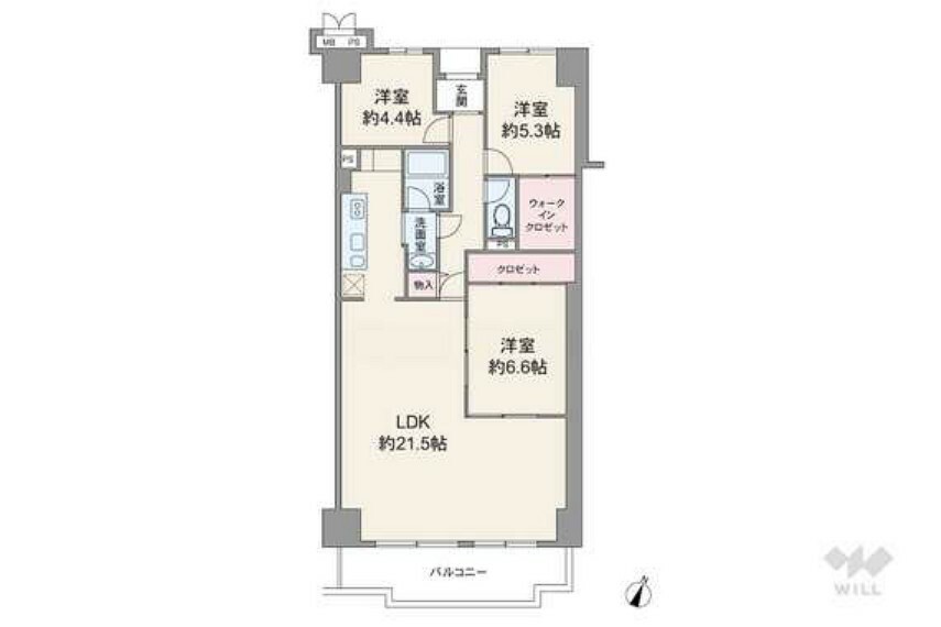 間取り図 間取り図。12階建て4階部分、南向きのため陽当たり・通風良好です！85.82平米の3LDKのお部屋です。