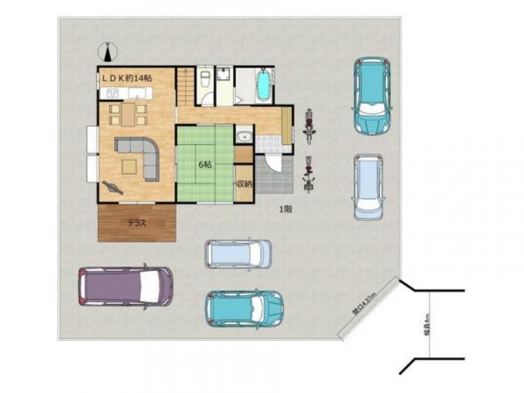 区画図 【敷地配置図】当住宅の敷地イメージです。図と異なる場合は現況を優先します。普通車4台以上駐車可能です。