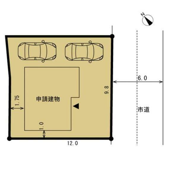 区画図 【区画図】縦列駐車2台可能。道路側の門は残し、ウッドデッキを撤去いたしました。