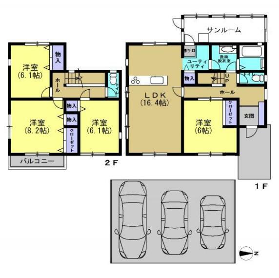 間取り図 【リフォーム済】4LDK駐車3台可能なお家です。1階にLDKとお部屋が1つあるので、ご高齢の方であっても安心してお住まい頂けます。