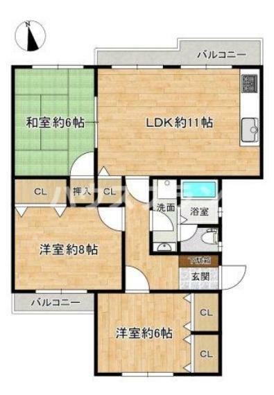 間取り図 二面バルコニーで通風良好