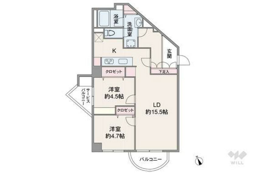 間取り図 専有面積約59.63平米の2LDK。2面バルコニーで日当たり通風良好です。全居室収納があるため、荷物やお洋服がたくさんある方でも安心です。