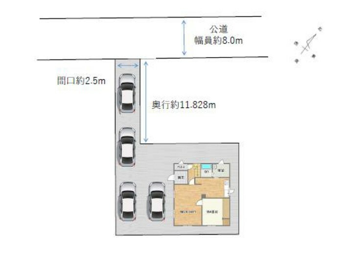 区画図 【敷地配置図】駐車スペースは拡張して並列で2台可能です。また、専用通路部分にも縦列で駐車可能です。（車種によります。）