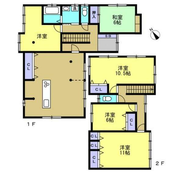 間取り図 【リフォーム後間取り】広くとられたLDKに加え、一階に二部屋、二階に三部屋あります。二階トイレもうれしいポイントです。