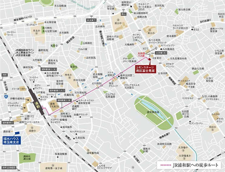 区画図 現地案内図JR浦和駅へ続く日の出通りは、拡幅工事が進み歩車分離の明るい歩道が整備されています。