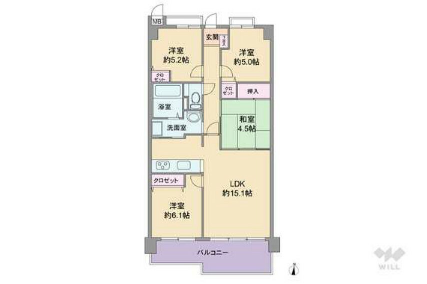 間取り図 間取りは専有面積77.49平米の4LDK。キッチン・洗面室が2WAYで家事動線に優れたプラン。キッチンは生活感が出にくい独立型。LDKに隣接する和室は室内廊下側からもアクセスできフレキシブルに使用可