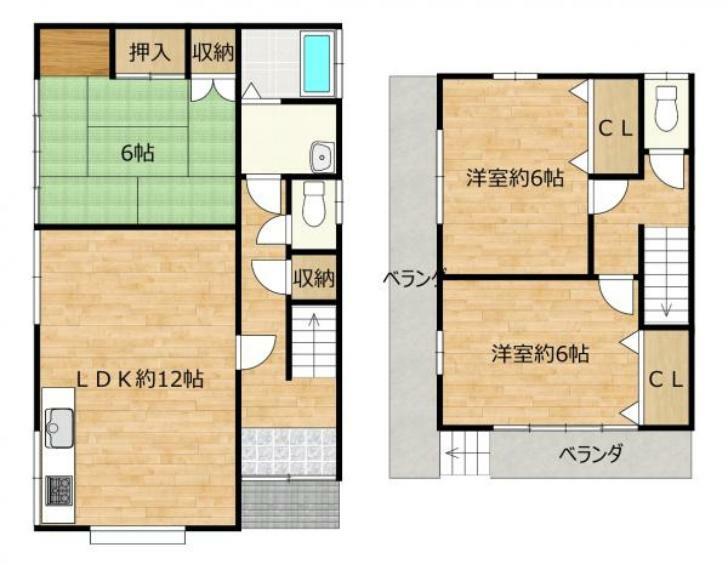 間取り図 【間取り図】3LDKの使いやすい間取りへリフォームを行いました。2階には南向きのベランダがあり、洗濯物干しにも便利です。