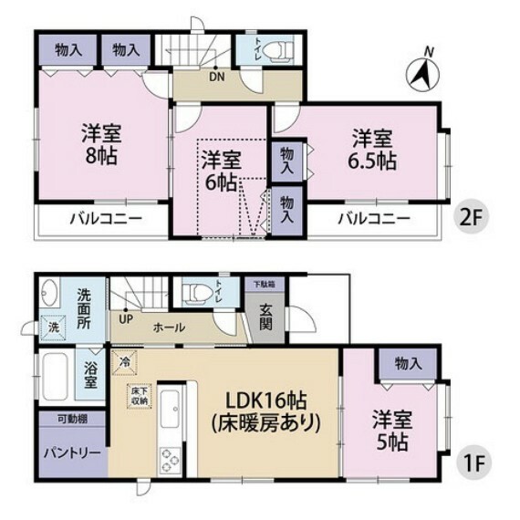 間取り図 1階は床暖房付きのリビング＋洋室で約21帖の開放的な空間になります。2階は3部屋で屋根裏収納があります。