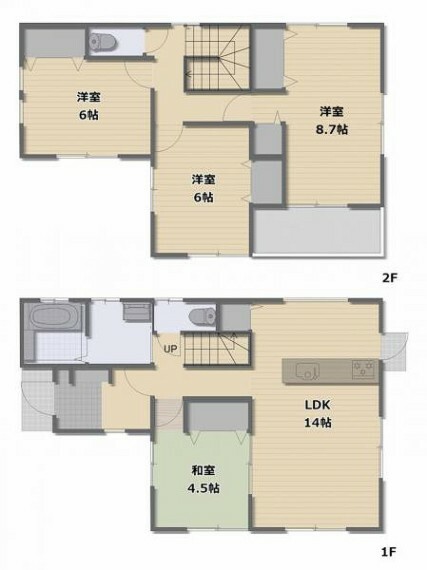 間取り図 1F和室、リビング、2F全室南向き洋室3部屋