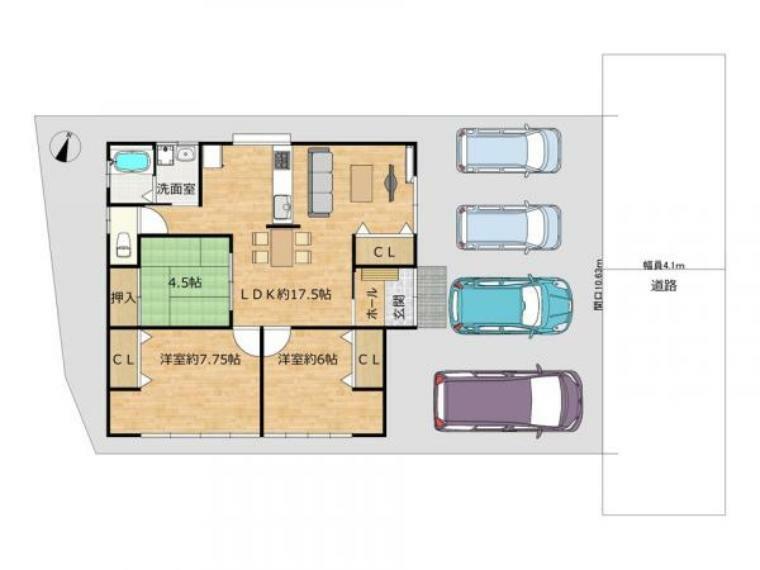 区画図 【敷地配置図】当住宅の敷地イメージです。図と異なる場合は現況を優先します。普通車並列3台以上駐車可能です。