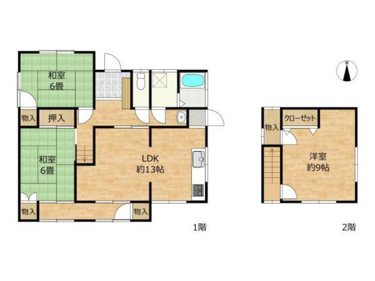 間取り図 （リフォーム済）間取りは3LDKの2階建てです。1階に2部屋とLDK、2階に1部屋なので平家感覚でも住める間取りです。