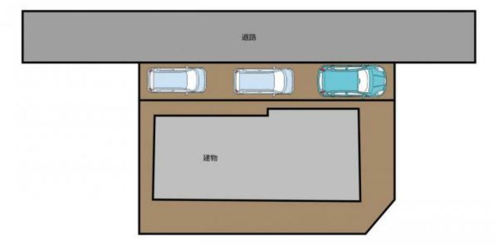 区画図 駐車は軽自動車2台、普通車1台可能です。ご家族でお車を持たれていても安心ですね。