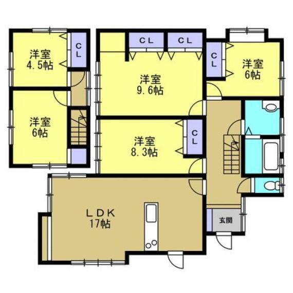 【間取り図】1階は17帖のLDKと洋室3部屋、2階も洋室2部屋ございます。
