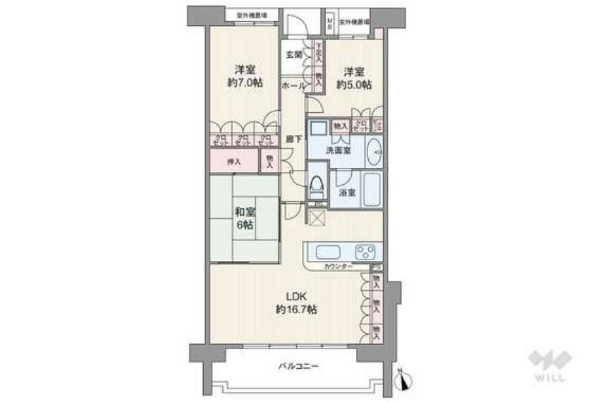 間取り図 間取りは専有面積81.75平米の3LDK。LDK約16.9帖のプラン。全居室はもちろん、室内廊下や洗面室にも収納があります。バルコニー面積は12.06平米です。