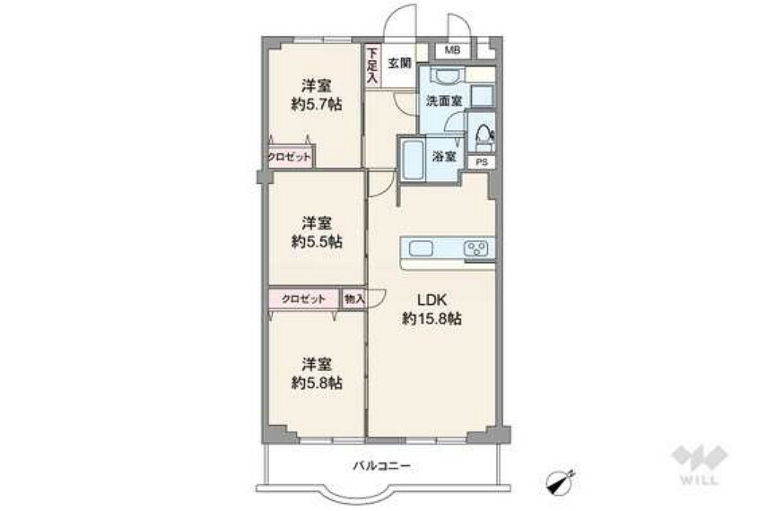 間取り図 間取りは専有面積72.76平米の3LDK。室内廊下が短く居住空間を優先したプラン。リビングと洋室2部屋が続き間の縦長リビングで、扉を開ければ開放感のある空間になります。