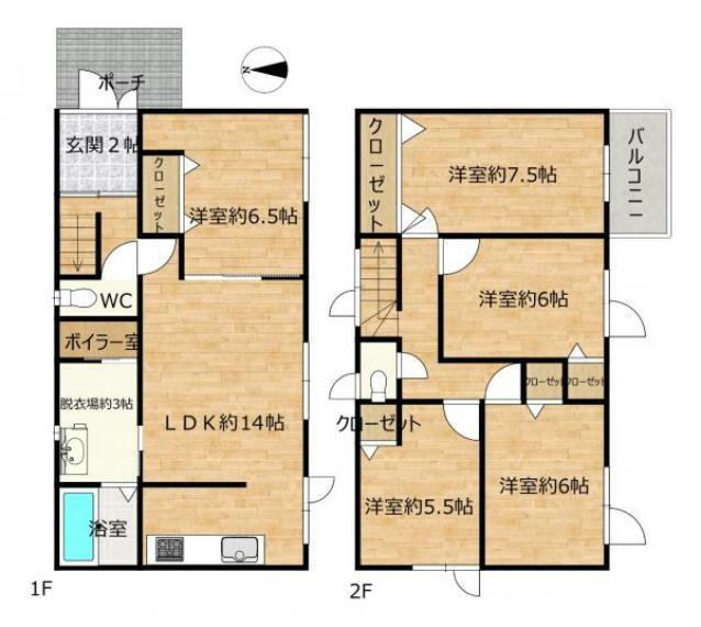 間取り図 【間取り図】2階4部屋の5LDK住宅です。部屋数も多く使い勝手の良い住宅です。