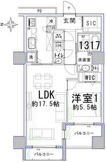 専有面積54.98平米の1LDKで、LDKは約17.5帖あり、隣接する洋室は約5.5帖でウォークインクローゼットが備えてあります。キッチンにはパントリー、洗面室にはリネン庫、玄関まわりにもシューズインクローゼットが備えてあり、収納率の高さも特徴的なデザインです。