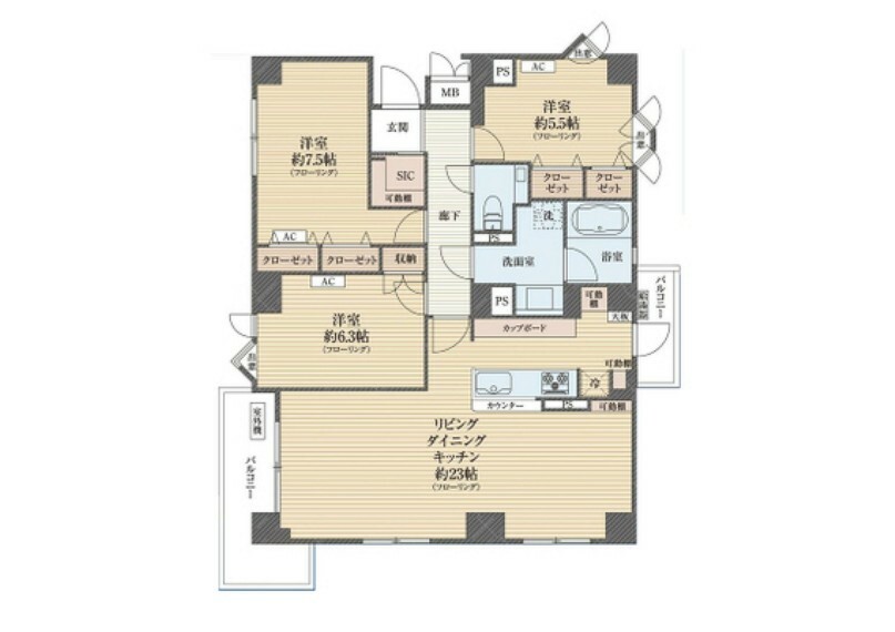 間取り図 北東西の三方向角住戸で通風良好！内装新規リノベーション済です