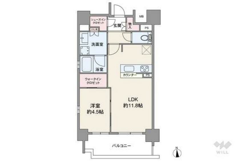 間取り図 間取りは専有面積42.38平米の1LDK。廊下が短く、居住空間を広く確保したプラン。LDKと洋室が続き間になっており、繋げて使うこともできます。浴室に窓あり。玄関に収納スペースが2か所あります。