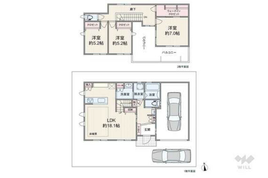 間取り図 全居室南向きのリビング階段プラン。キッチンから直接洗面室にアクセスでき、家事動線に優れています。L字の大型バルコニー付き。各居室と1階廊下、洗面室に収納スペースが設けられており、収納豊富です。