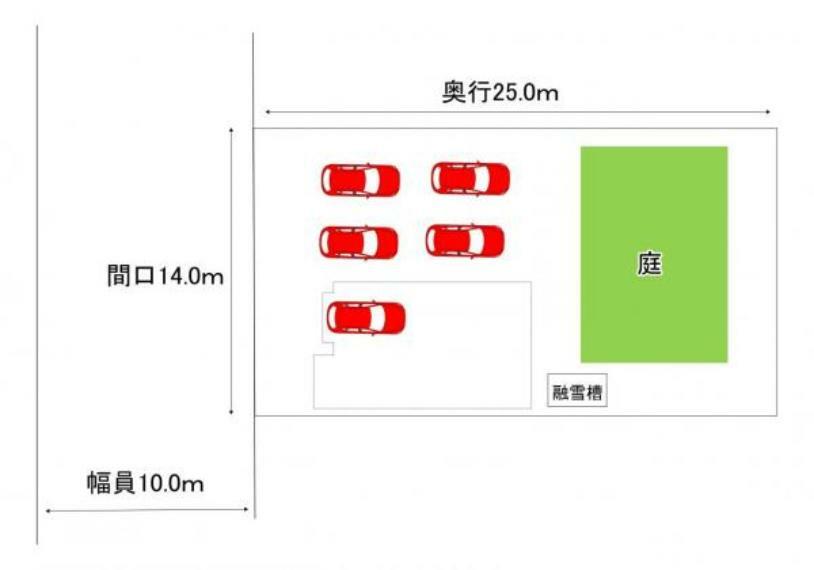 区画図 【配置図】敷地内の配置図です。車庫も含めて5台駐車可能です。駐車スペースの参考にご活用ください。