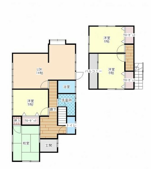 間取り図 【リフォーム済】1階に14帖のリビング、6帖の洋室、6帖の和室2階の洋室が2部屋となります。