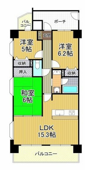 間取り図 LDK広々15.3帖！各居室に収納スペースが付いており、お荷物の収納場所に困らず居住スペースも確保出来ます！